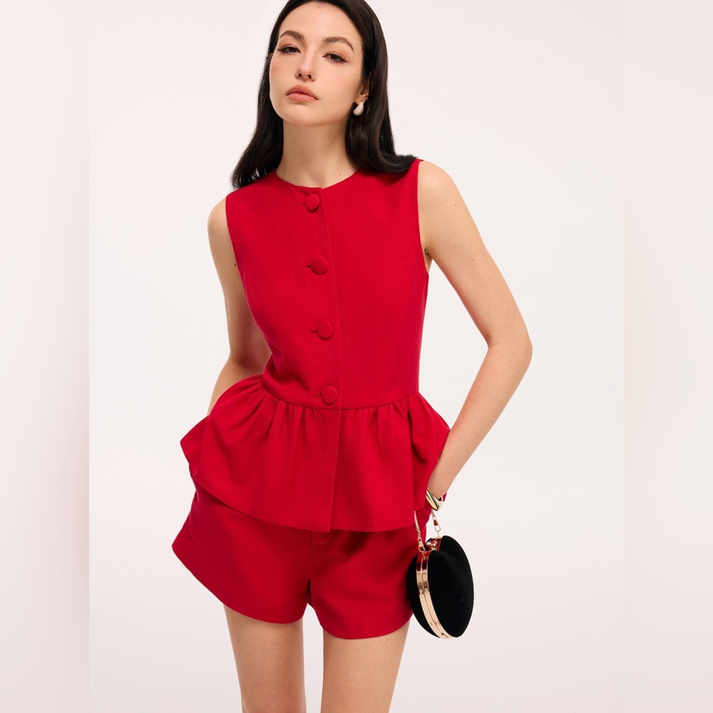 Commense Red Sleeveless Peplum Top and Shorts Set